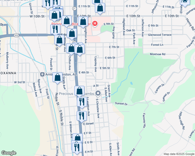 map of restaurants, bars, coffee shops, grocery stores, and more near 319 Lapsley Avenue in Anniston