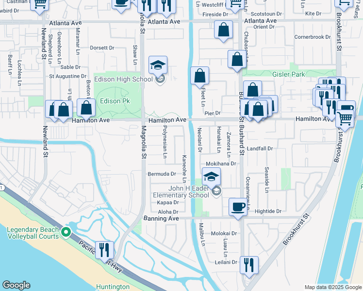map of restaurants, bars, coffee shops, grocery stores, and more near 21621 Kaneohe Lane in Huntington Beach