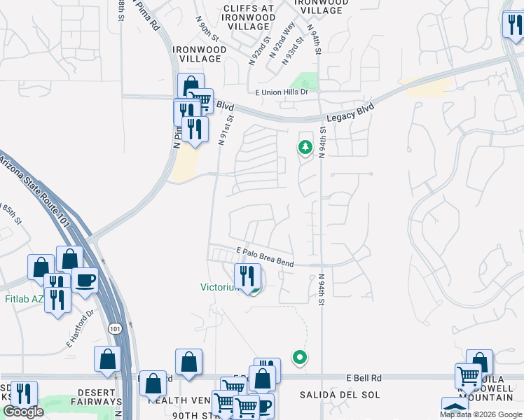 map of restaurants, bars, coffee shops, grocery stores, and more near 17823 North 92nd Way in Scottsdale