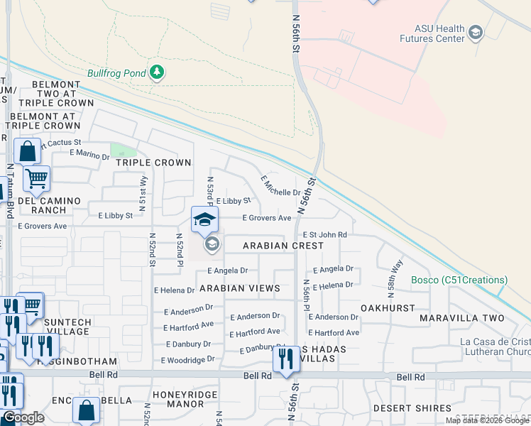 map of restaurants, bars, coffee shops, grocery stores, and more near 5519 East Grovers Avenue in Scottsdale