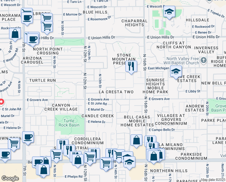 map of restaurants, bars, coffee shops, grocery stores, and more near 1346 East Grovers Avenue in Phoenix