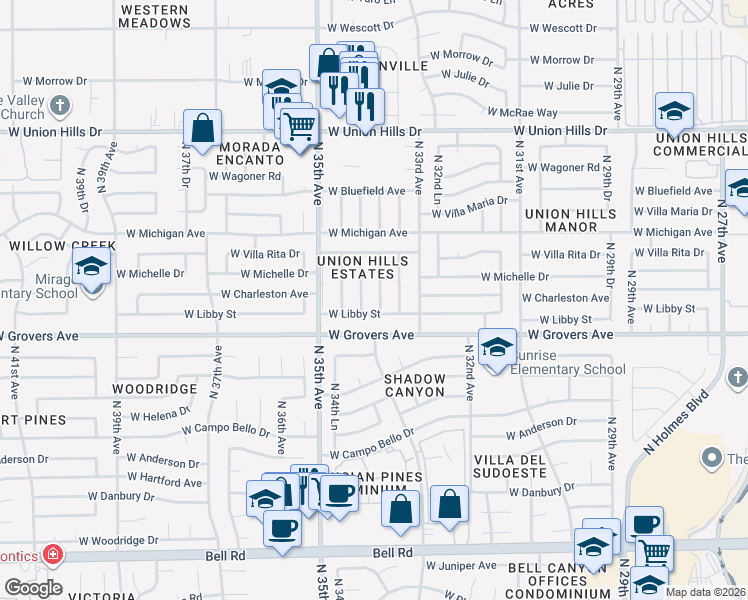 map of restaurants, bars, coffee shops, grocery stores, and more near 3415 West Libby Street in Phoenix