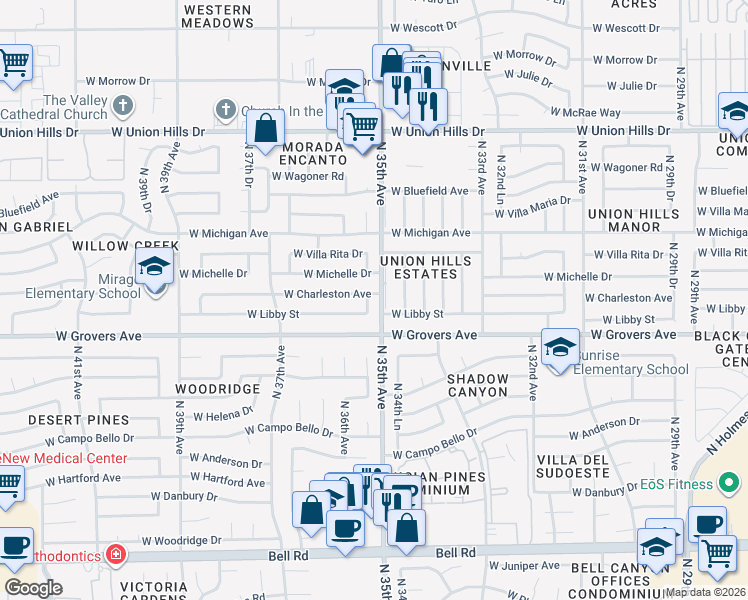 map of restaurants, bars, coffee shops, grocery stores, and more near 3525 West Libby Street in Glendale