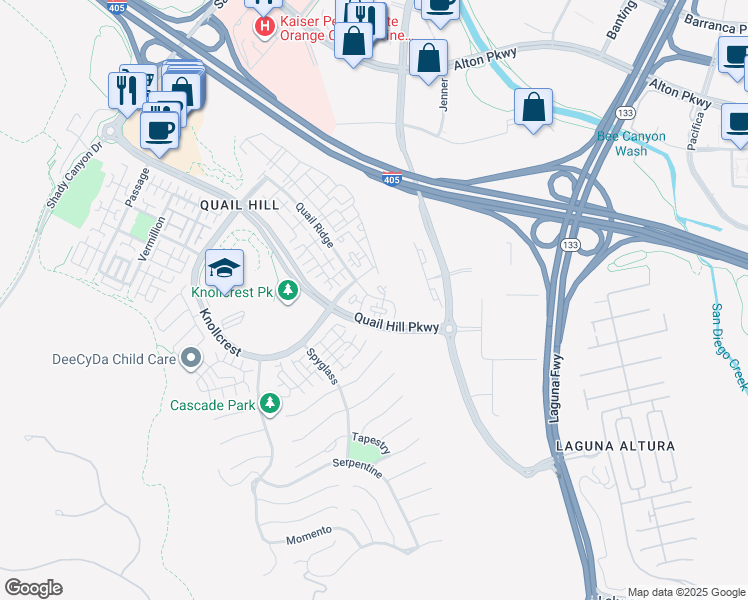 map of restaurants, bars, coffee shops, grocery stores, and more near 1135 Quail Ridge in Irvine