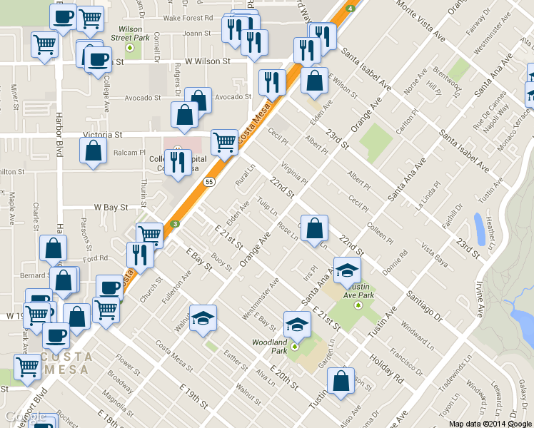 map of restaurants, bars, coffee shops, grocery stores, and more near 2158 Orange Avenue in Costa Mesa