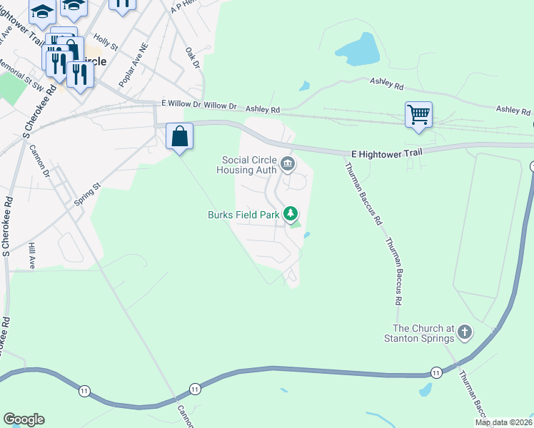 map of restaurants, bars, coffee shops, grocery stores, and more near 480 Dove Place in Social Circle