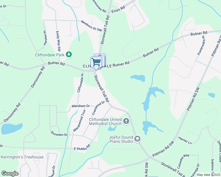 map of restaurants, bars, coffee shops, grocery stores, and more near 3920 Stonewall Tell Road in Atlanta