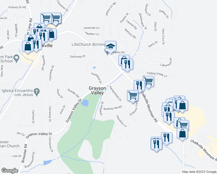 map of restaurants, bars, coffee shops, grocery stores, and more near 2407 Hampstead Drive in Birmingham