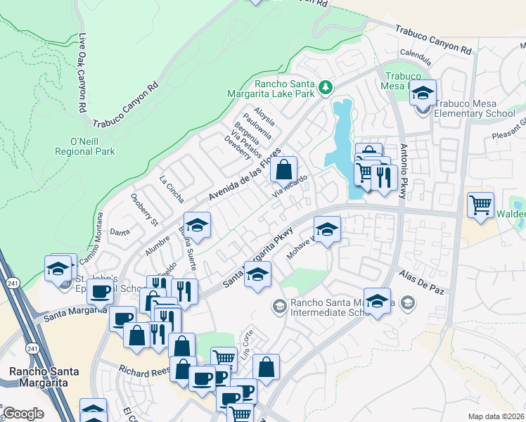 map of restaurants, bars, coffee shops, grocery stores, and more near 73 Gaviota in Rancho Santa Margarita