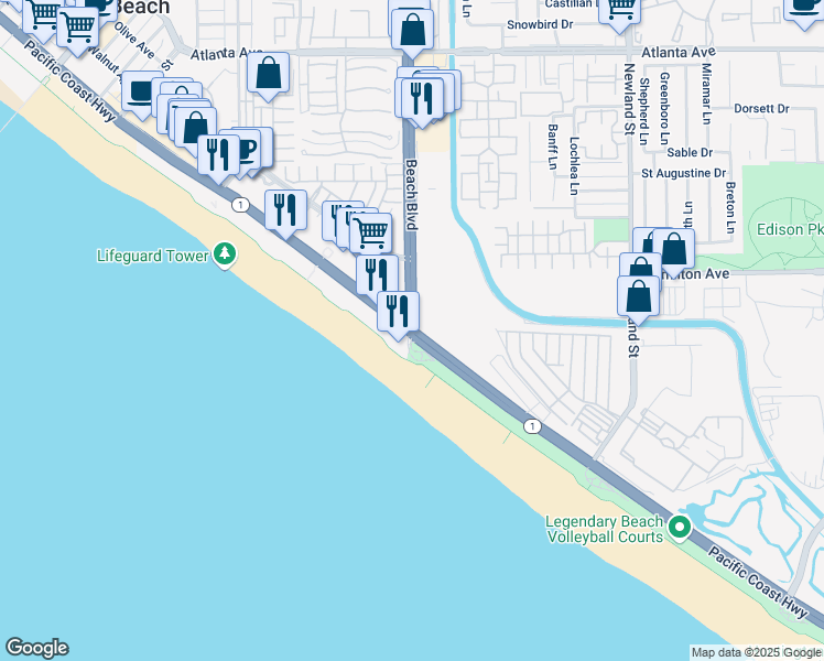 map of restaurants, bars, coffee shops, grocery stores, and more near Pacific Coast Highway & Beach Boulevard in Huntington Beach