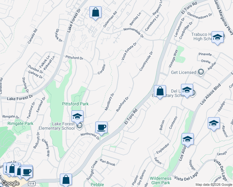 map of restaurants, bars, coffee shops, grocery stores, and more near 21672 Montbury Drive in Lake Forest