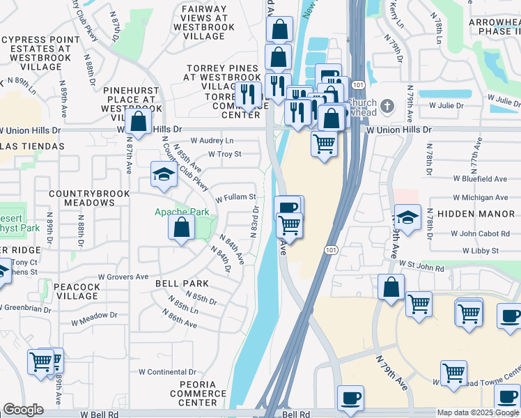 map of restaurants, bars, coffee shops, grocery stores, and more near 18155 North 83rd Drive in Peoria