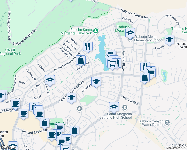 map of restaurants, bars, coffee shops, grocery stores, and more near Santa Margarita Parkway & Avenida De Los Fundadores in Rancho Santa Margarita