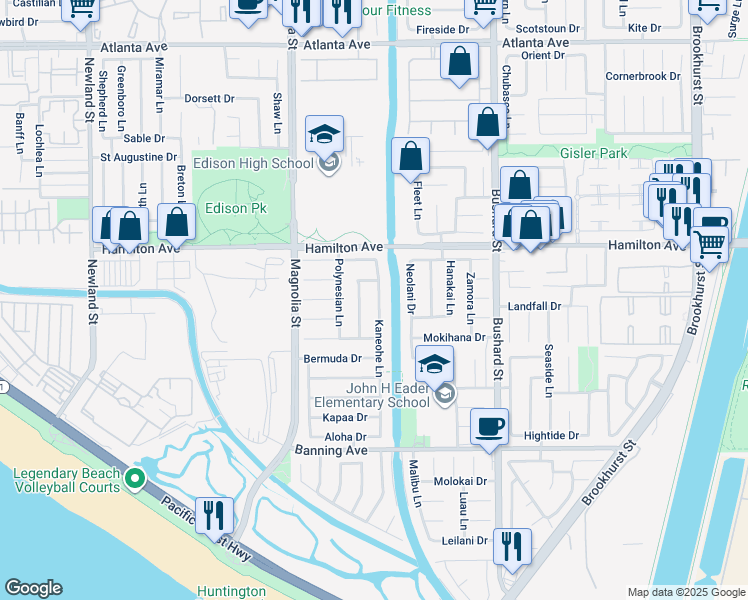 map of restaurants, bars, coffee shops, grocery stores, and more near 21621 Kaneohe Lane in Huntington Beach
