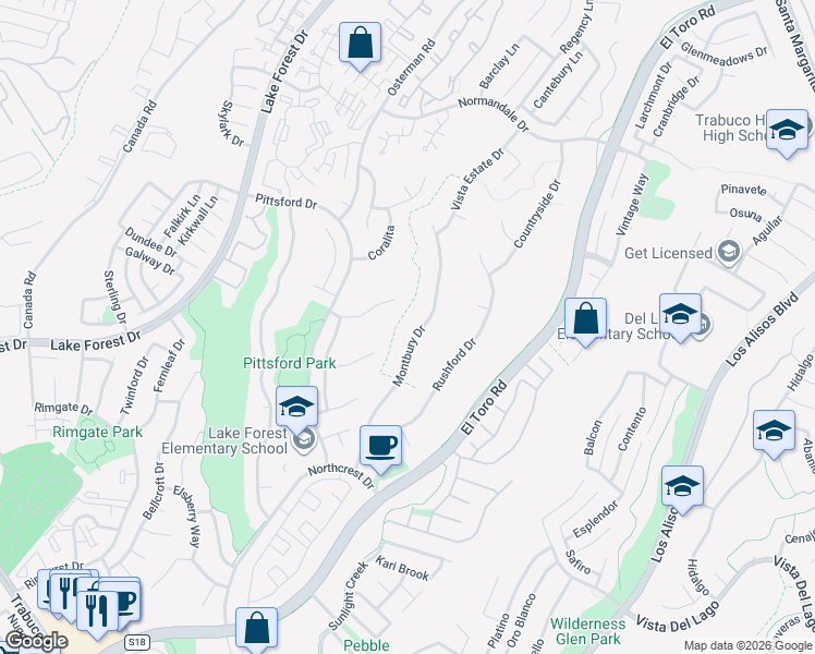map of restaurants, bars, coffee shops, grocery stores, and more near 21701 Montbury Drive in Lake Forest