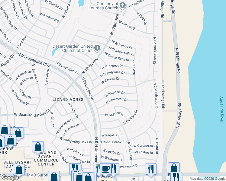 map of restaurants, bars, coffee shops, grocery stores, and more near 12606 West Limewood Drive in Sun City West