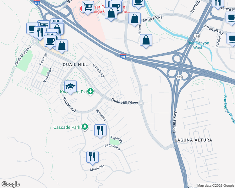 map of restaurants, bars, coffee shops, grocery stores, and more near 1135 Quail Ridge in Irvine