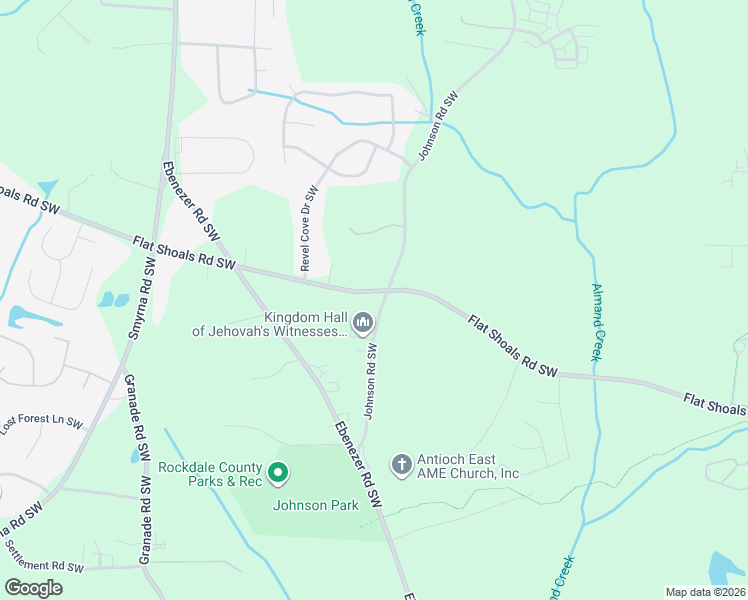 map of restaurants, bars, coffee shops, grocery stores, and more near 1601 Johnson Road Southwest in Conyers