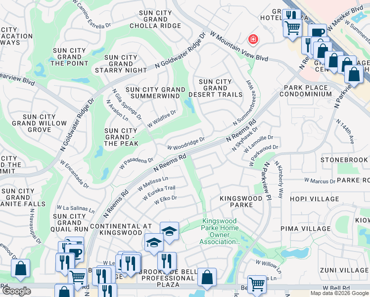 map of restaurants, bars, coffee shops, grocery stores, and more near 15130 West Rachel Circle in Surprise