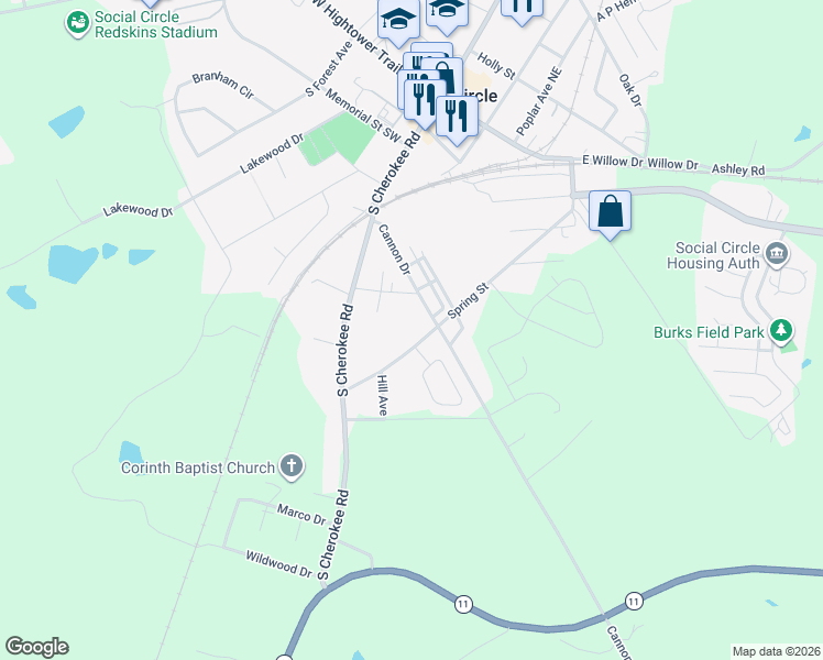 map of restaurants, bars, coffee shops, grocery stores, and more near 495 Spring Street in Social Circle