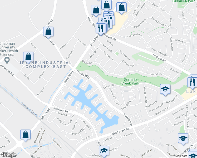 map of restaurants, bars, coffee shops, grocery stores, and more near 24481 Copper Cliff Court in Lake Forest