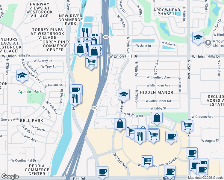 map of restaurants, bars, coffee shops, grocery stores, and more near 18330 North 79th Avenue in Glendale