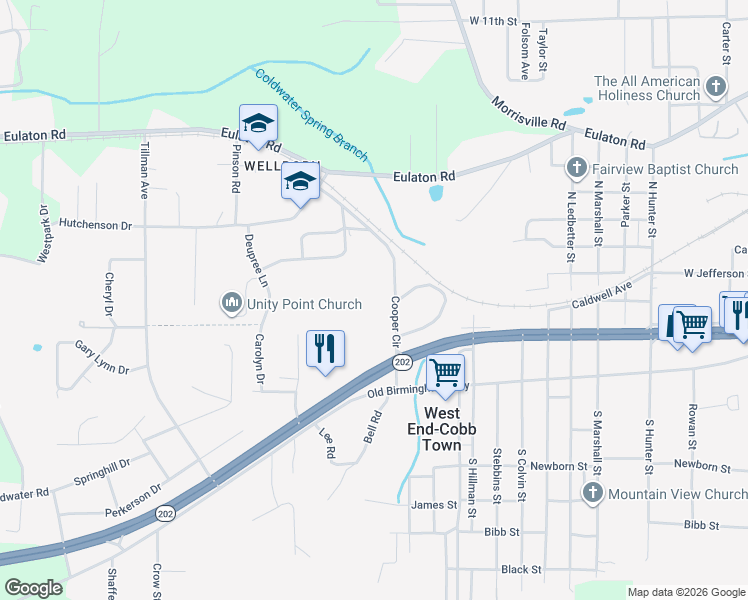 map of restaurants, bars, coffee shops, grocery stores, and more near 59 Cooper Circle in Anniston