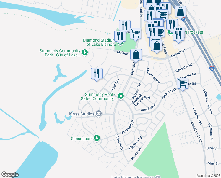 map of restaurants, bars, coffee shops, grocery stores, and more near 29273 First Green in Wildomar