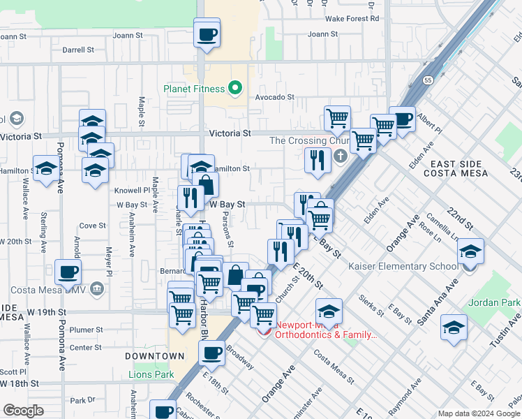 map of restaurants, bars, coffee shops, grocery stores, and more near 383 West Bay Street in Costa Mesa