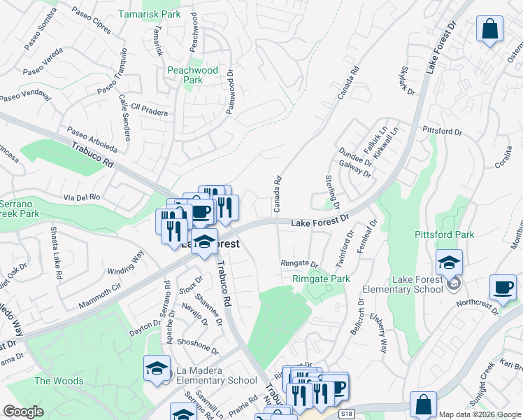 map of restaurants, bars, coffee shops, grocery stores, and more near 21641 Canada Road in Lake Forest