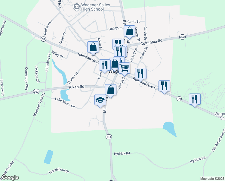 map of restaurants, bars, coffee shops, grocery stores, and more near Earle Street in Wagener