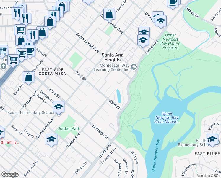 map of restaurants, bars, coffee shops, grocery stores, and more near 2310 Fairhill Drive in Newport Beach