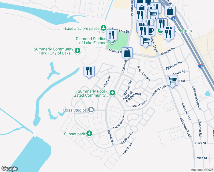 map of restaurants, bars, coffee shops, grocery stores, and more near in Lake Elsinore