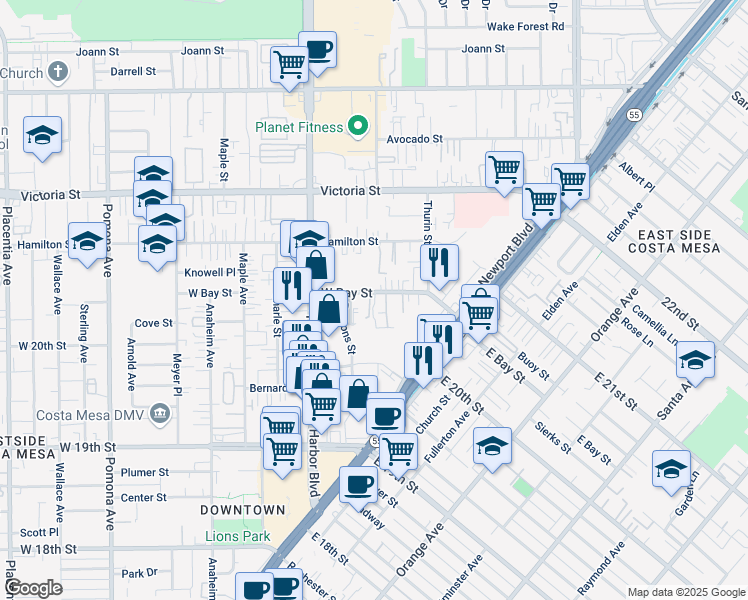 map of restaurants, bars, coffee shops, grocery stores, and more near 399 West Bay Street in Costa Mesa