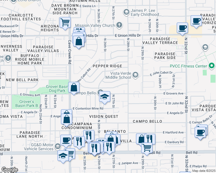 map of restaurants, bars, coffee shops, grocery stores, and more near 2650 East Grovers Avenue in Phoenix