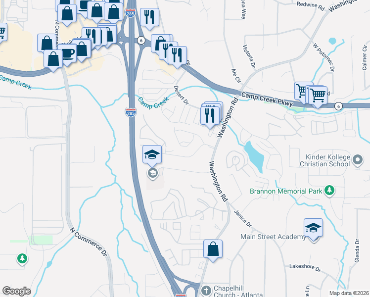 map of restaurants, bars, coffee shops, grocery stores, and more near 5643 Laurel Ridge Drive in East Point