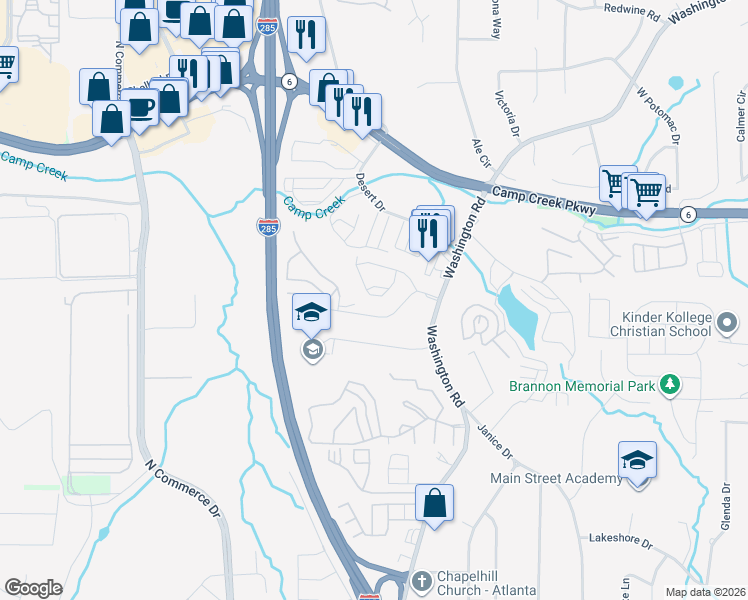 map of restaurants, bars, coffee shops, grocery stores, and more near 5643 Laurel Ridge Drive in East Point