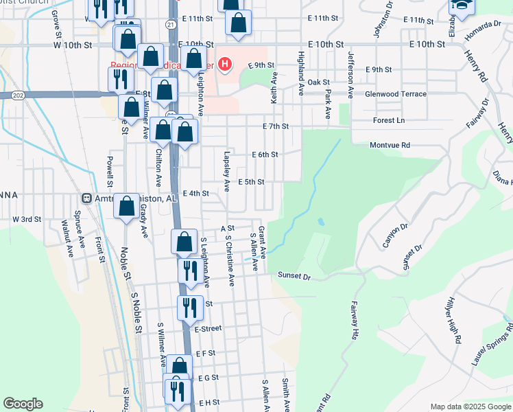 map of restaurants, bars, coffee shops, grocery stores, and more near 519 Argyle Place in Anniston