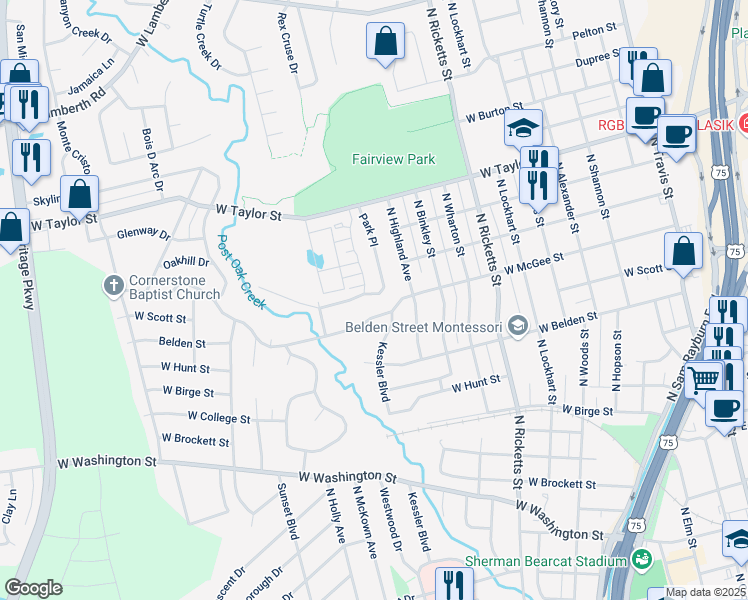 map of restaurants, bars, coffee shops, grocery stores, and more near 1108 West McGee Street in Sherman