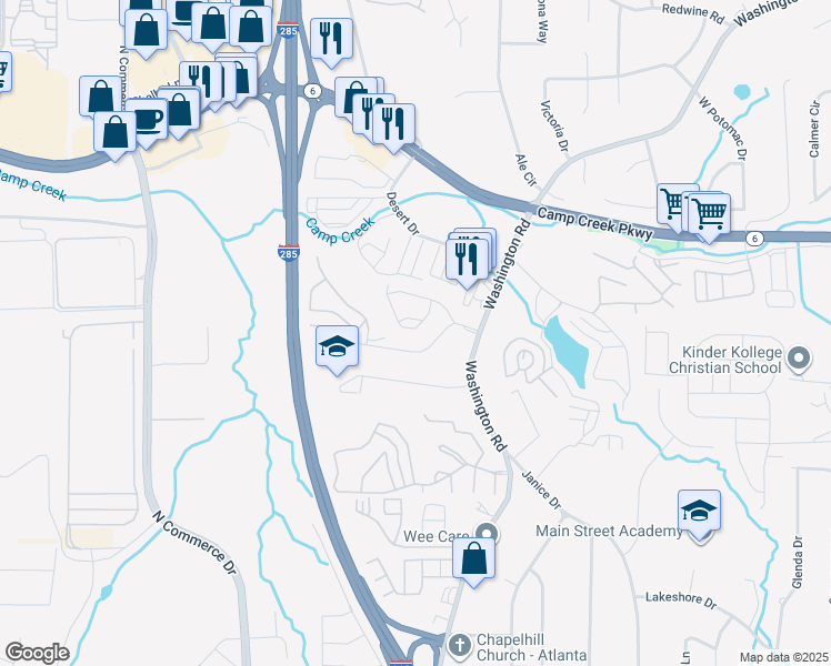 map of restaurants, bars, coffee shops, grocery stores, and more near 5643 Laurel Ridge Drive in East Point