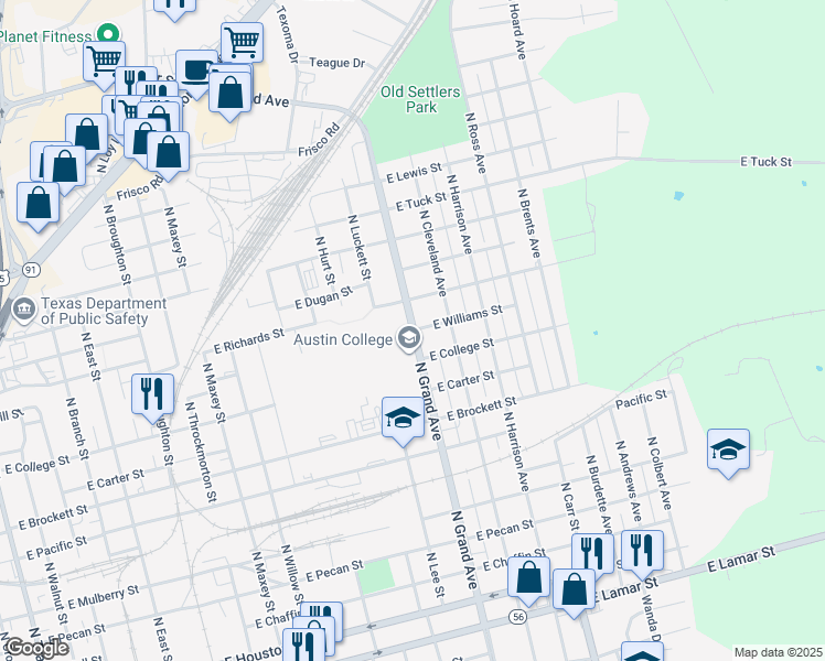 map of restaurants, bars, coffee shops, grocery stores, and more near North Grand Avenue in Sherman