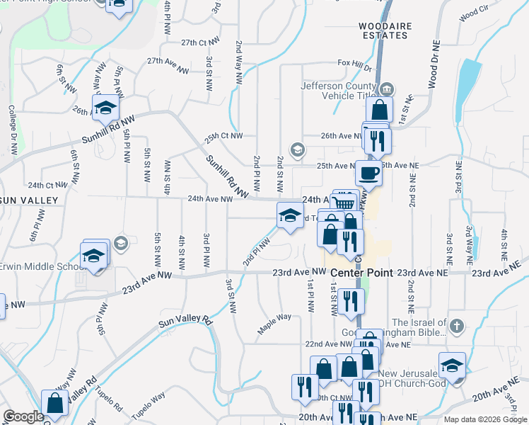 map of restaurants, bars, coffee shops, grocery stores, and more near 213 23rd Terrace Northwest in Center Point