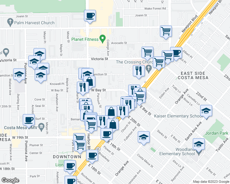 map of restaurants, bars, coffee shops, grocery stores, and more near 377 West Bay Street in Costa Mesa