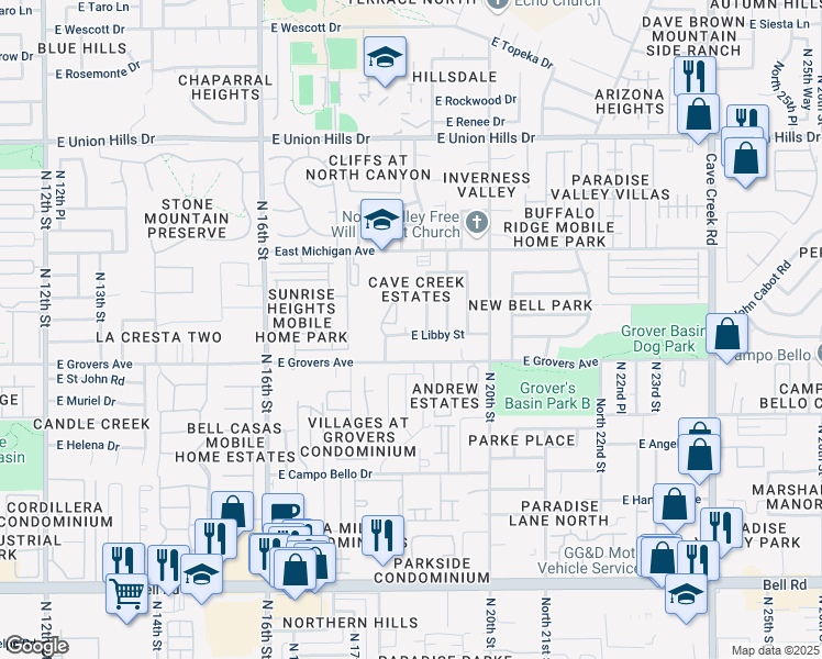 map of restaurants, bars, coffee shops, grocery stores, and more near 1830 East Grovers Avenue in Phoenix