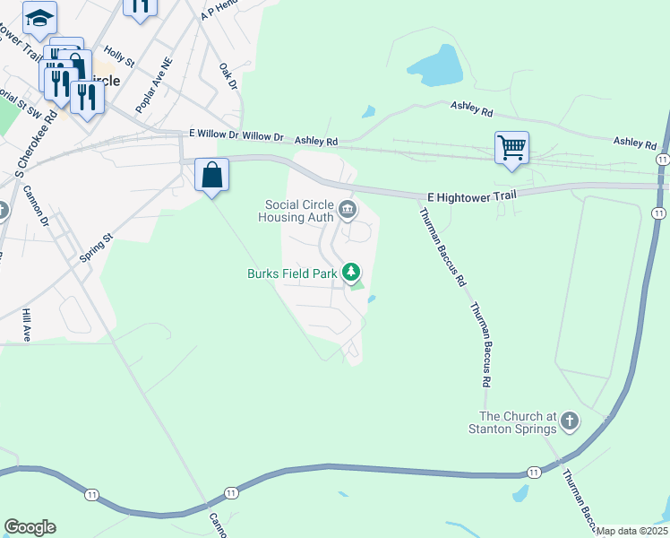 map of restaurants, bars, coffee shops, grocery stores, and more near 254 Dove Place in Social Circle