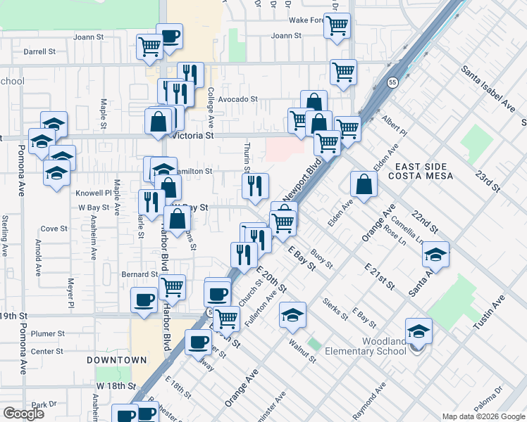 map of restaurants, bars, coffee shops, grocery stores, and more near 348 Gulf Stream Way in Costa Mesa