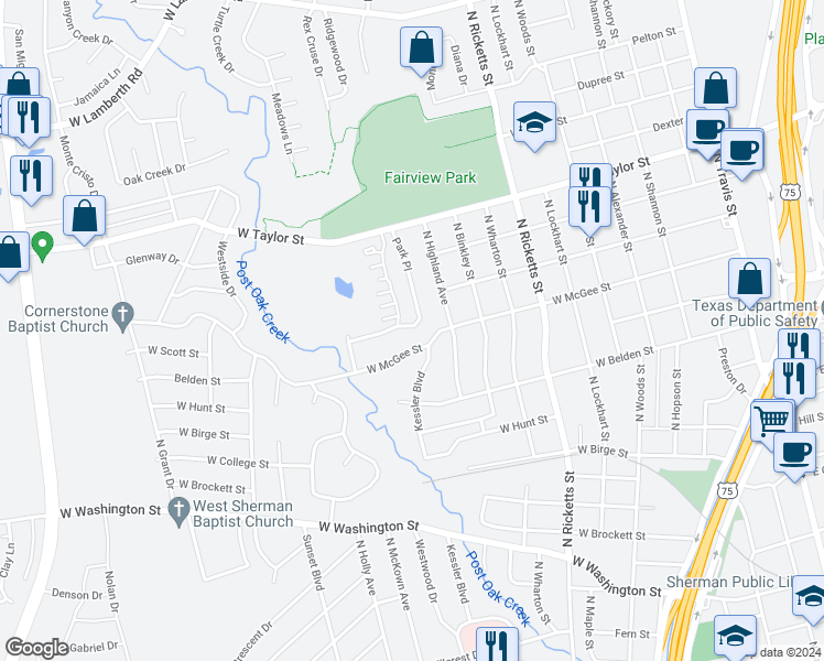 map of restaurants, bars, coffee shops, grocery stores, and more near 1414 Park Place in Sherman