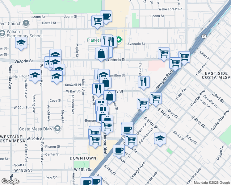 map of restaurants, bars, coffee shops, grocery stores, and more near 2060 Harbor Boulevard in Costa Mesa
