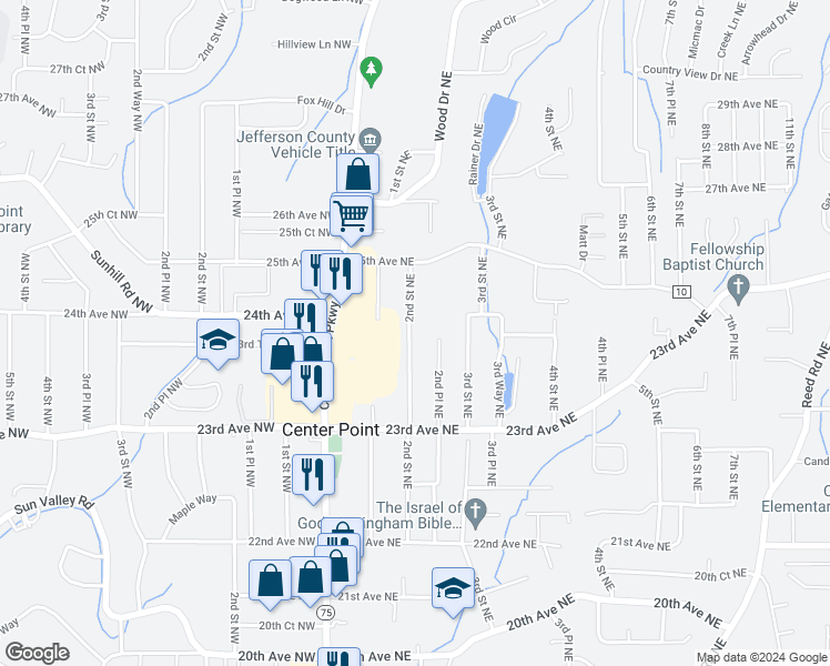 map of restaurants, bars, coffee shops, grocery stores, and more near 2345 2nd Street Northeast in Center Point