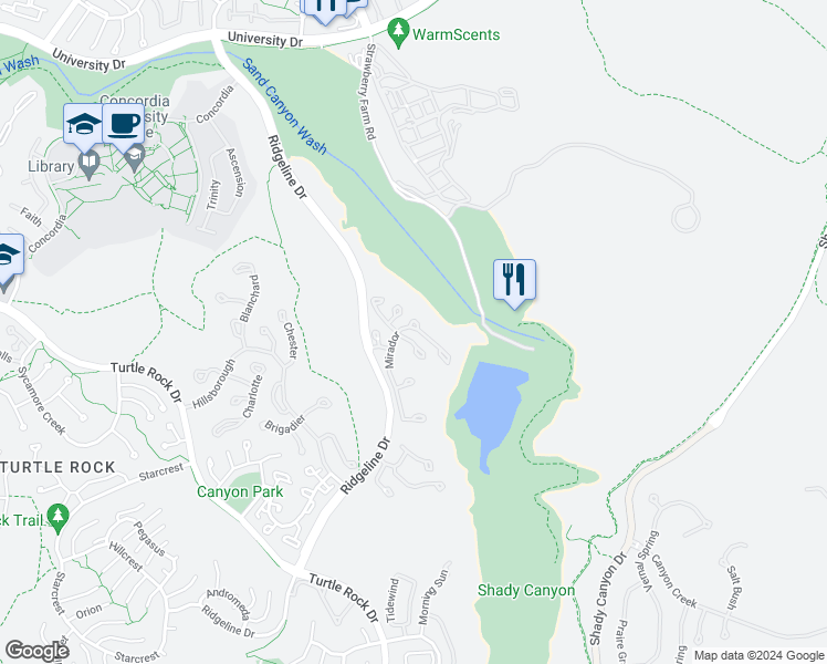 map of restaurants, bars, coffee shops, grocery stores, and more near 18 San Ramon Drive in Irvine